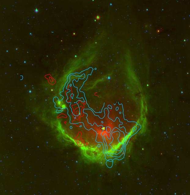 Multi-color Spitzer image of RCW 120, showing hot dust (in red), warm gas (in green) and emission from stars (in blue). The contours show the spectroscopic [CII] line of ionized carbon observed with SOFIA, which indicates rapid expansion of the region tow