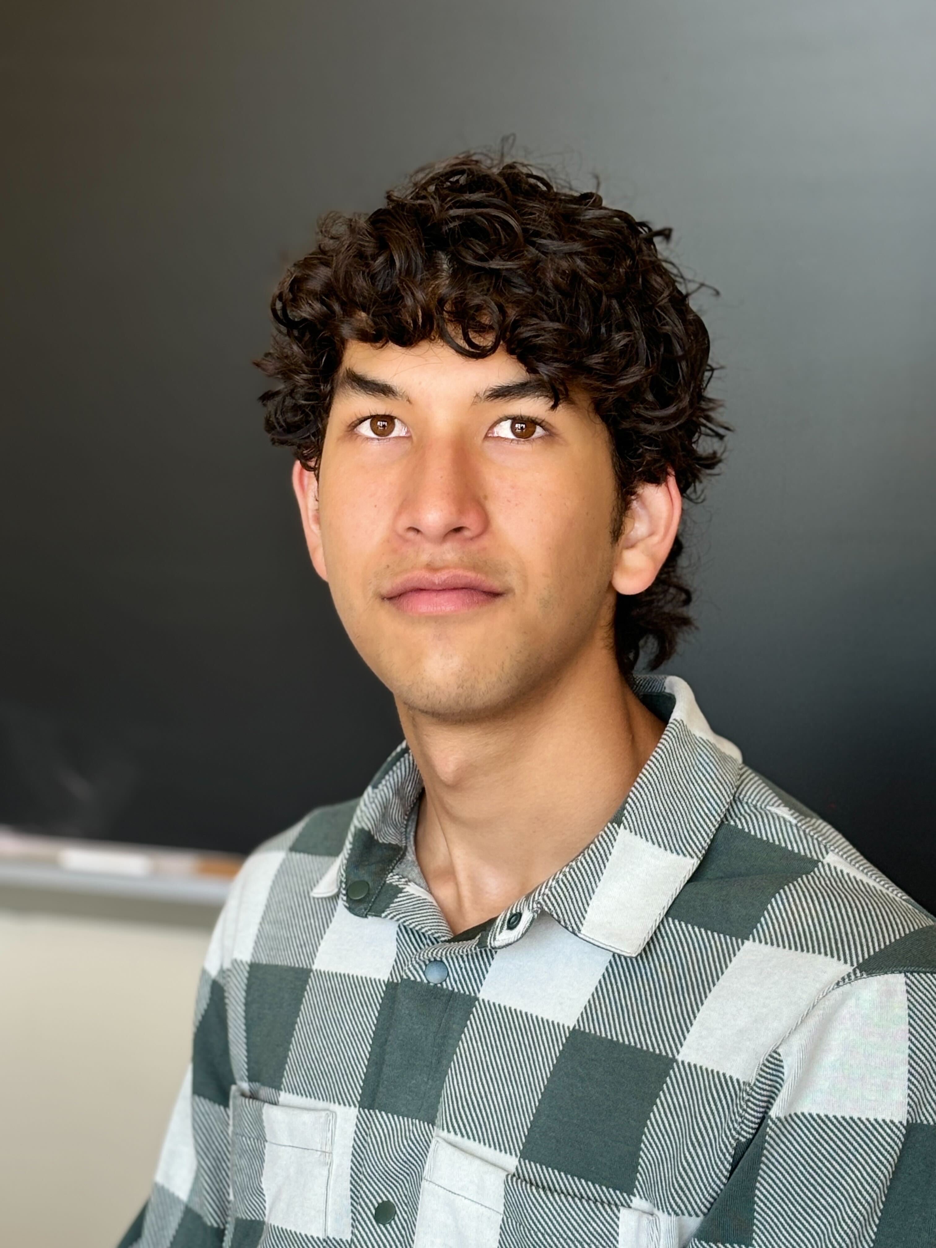 Male with curly hair wearing a plaid shirt.