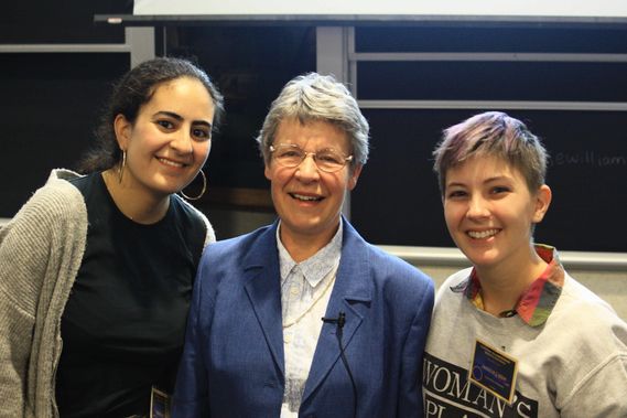 Students gathered with Dame Jocelyn Bell Burnell during her visit in 2019